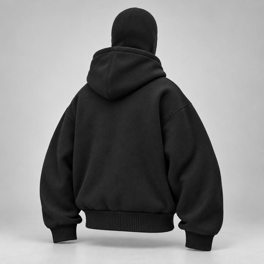 Black HOODAVO hoodie, rear three-quarter view
