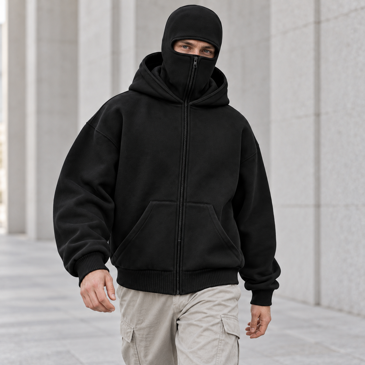 HOODAVO Balaclava Zip Hoodie in black – worn by a model