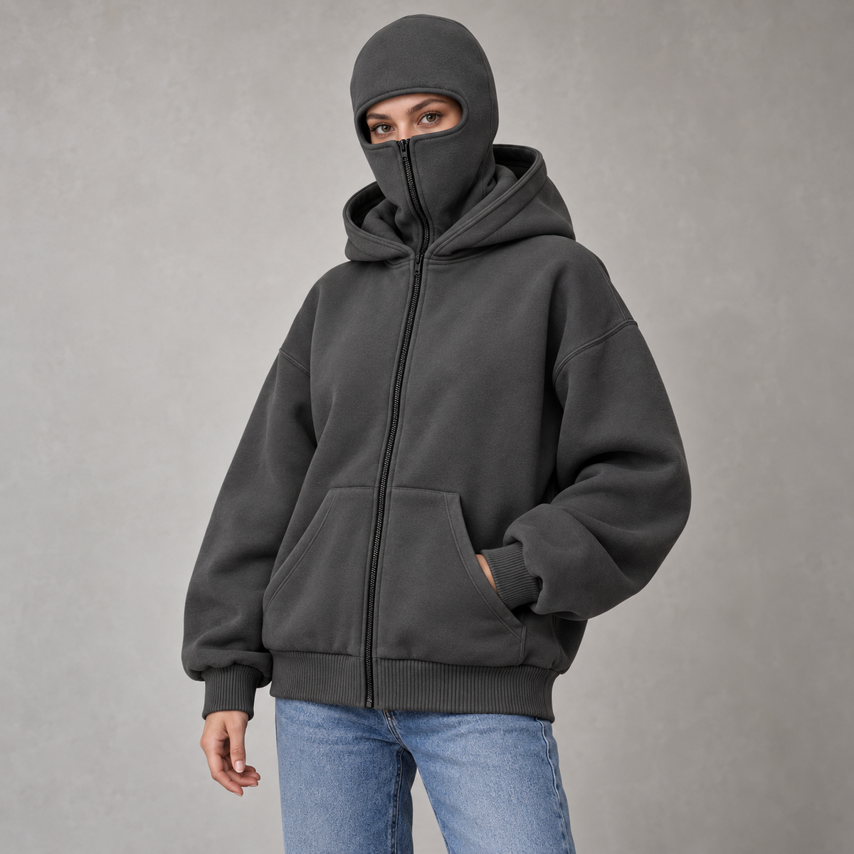 Charcoal HOODAVO hoodie worn by a woman