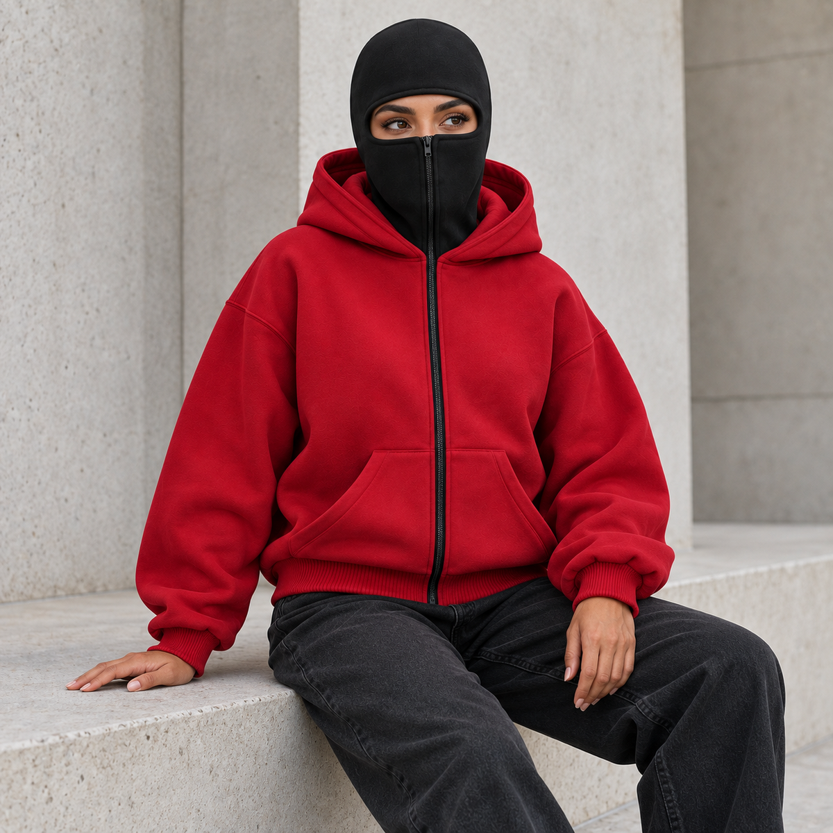 HOODAVO Balaclava Zip Hoodie in red – worn by a model