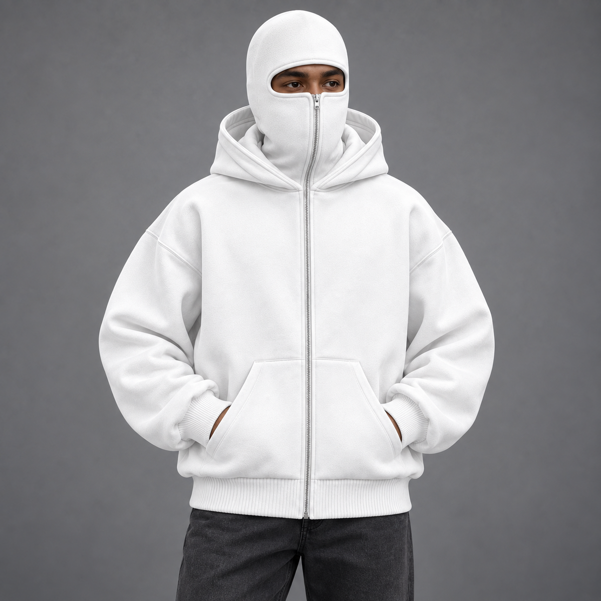 HOODAVO Balaclava Zip Hoodie in white – worn by a model